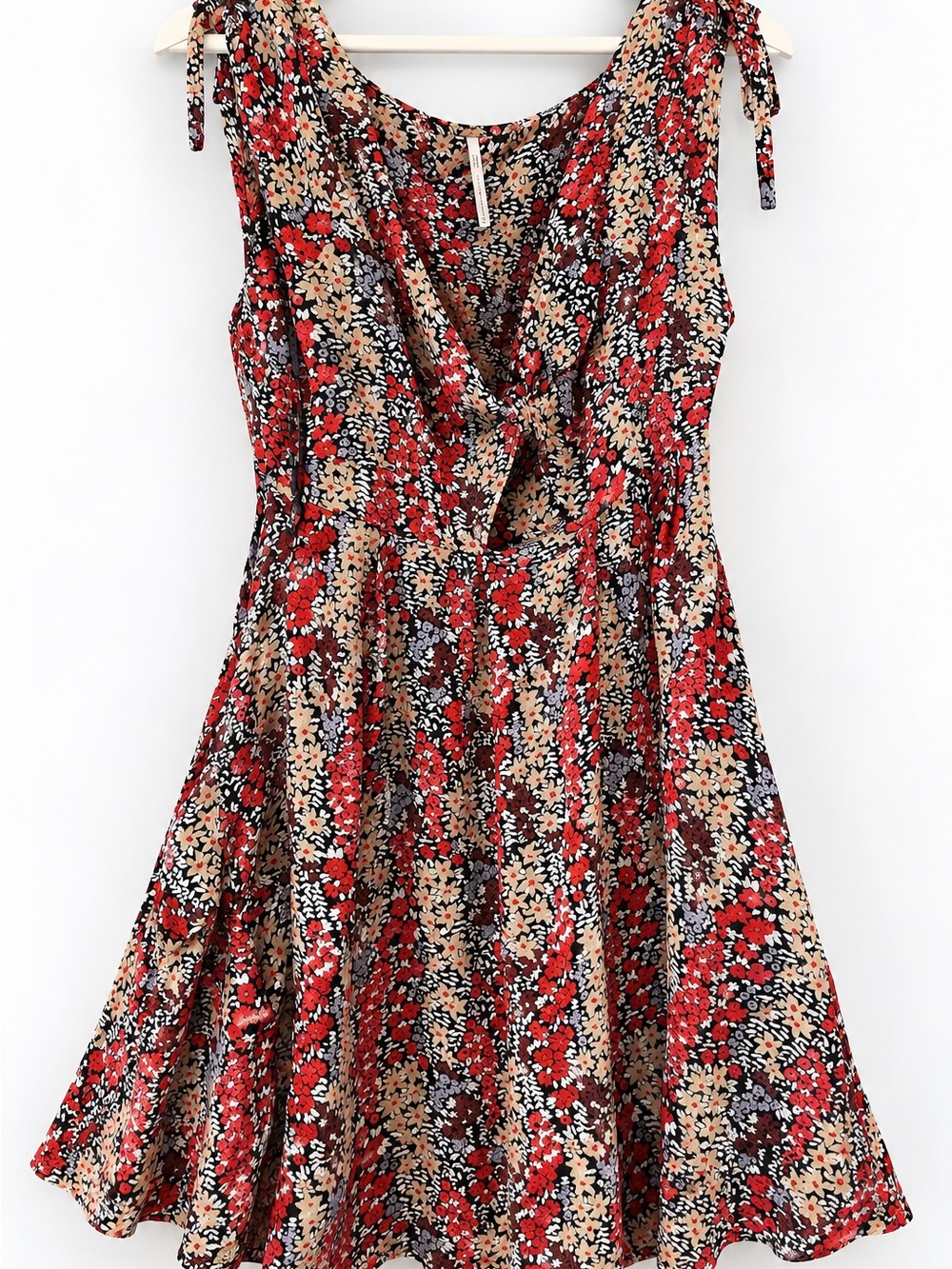 Free People Floral Draped Neck Fit & Flare Dress Red Black